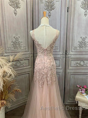 Mermaid / Trumpet Evening Prom Dresses Maxi Dresses Party Wear Sweep / Brush Train Sleeveless V Neck Tulle With Appliques