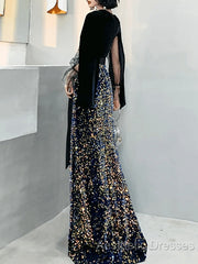 Mermaid / Trumpet Sparkle Gothic Evening Prom Formal Evening Dresses V Neck Long Sleeve Floor Length Sequined Velvet With Sash / Ribbon Sequin