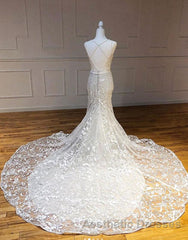 Mermaid V Neck Backless White Lace Long Evening Prom Dresses, Mermaid Ivory Lace Formal Dresses, Ivory Lace Evening Dresses