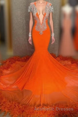 Mermaid V-neck Beaded Sequined Floor-length Long Sleeves With Feather Evening Prom Dresses