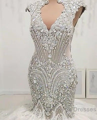 Mermaid V-neck Floor Length Backless Tulle Beading Applique Wedding Dresses