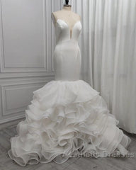 Mermaid V-neck Long Train Chiffon Lotus Leaf Hem Wedding Dresses