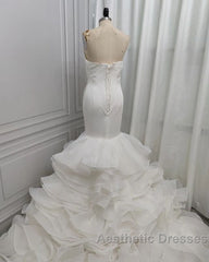 Mermaid V-neck Long Train Chiffon Lotus Leaf Hem Wedding Dresses