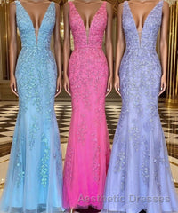 Mermaid V Neck Open Back Lace Long Evening Prom Dresses, Mermaid Formal Evening Dresses