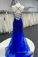 Mermaid V Neck Royal Blue Beade Applique Tulle Long Evening Prom Dresses, Evening Dresses