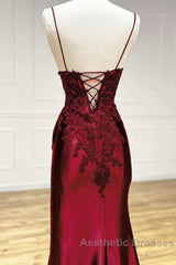 Mermaid V Neck Satin Lace Burgundy Long Evening Prom Dresses, Burgundy Long Formal Dresses