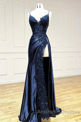 Mermaid V Neck Satin Lace Burgundy Long Evening Prom Dresses, Burgundy Long Formal Dresses