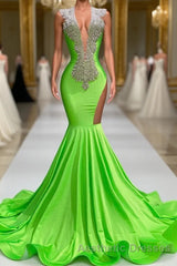 Mermaid V-neck Sequined Open Back Floor-length Sleeveless Lace Beading Evening Prom Dresses