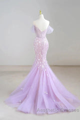 Mermaid V Neck Tulle Sequin Purple Long Evening Prom Dresses Formal Dresses
