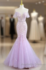Mermaid V Neck Tulle Sequin Purple Long Evening Prom Dresses Formal Dresses