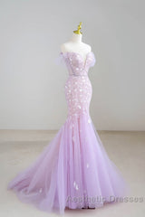 Mermaid V Neck Tulle Sequin Purple Long Evening Prom Dresses, Purple Long Formal Dresses