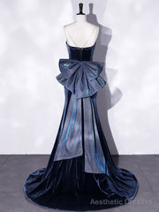 Mermaid Velvet Blue Long Prom Dresses, Blue Velvet Long Evening Dress