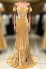 Mermaid Velvet Bridesmaid Dresses Off Shoulder Gold Wedding Formal Dresses