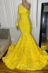 Mermaid Yellow One Shoulder  Long Sleeve Evening Prom Dresses