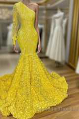 Mermaid Yellow One Shoulder  Long Sleeve Evening Prom Dresses