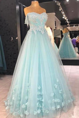 Mint Blue Sweetheart Tulle With Lace And Flowers Formal Dresses, Tulle Long Evening Prom Dresses Party Dresses