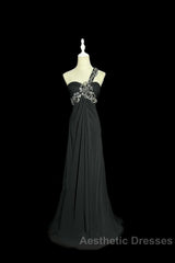 Modest A Line One Shoulder Gray Chiffon Long Evening Prom Dresses Party Dresses