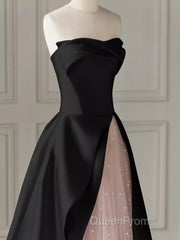 Modest A Line Strapless Long Satin Black Evening Prom Dresses
