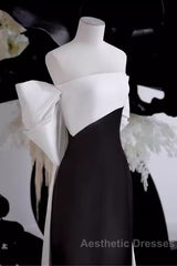 Modest A Line Strapless Long Sleeveless Satin Black Evening Prom Dresses