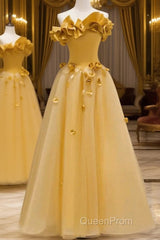 Modest A Line Strapless Yellow Tulle Long Evening Prom Dresses Party Dresses