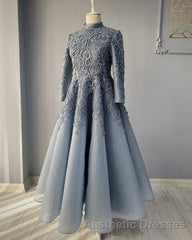 modest blue Evening Prom Dresses lace emroidery Evening Prom Dresses