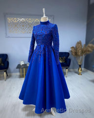 modest blue Evening Prom Dresses lace emroidery Evening Prom Dresses