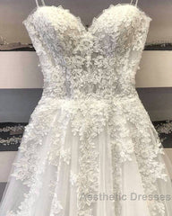 Modest Long A Line Sweetheart Lace Tulle Wedding Dresses