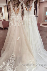 Modest Long A-line V-neck Backless Tulle Lace Wedding Dresses