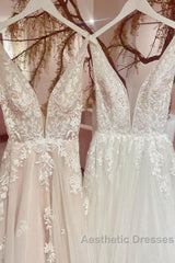 Modest Long A-line V-neck Backless Tulle Lace Wedding Dresses