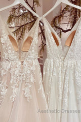 Modest Long A-line V-neck Backless Tulle Lace Wedding Dresses