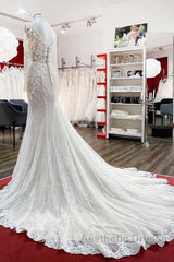 Modest Long Mermaid Sweetheart Tulle Lace Wedding Dresses with Sleeves
