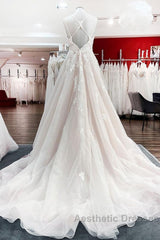 Modest Long Princess V-neck Tulle Spaghetti Straps Wedding Dresses with Lace