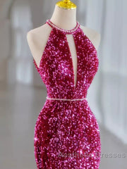 Modest Mermaid Long Sleeveless Sequin Evening Prom Dresses