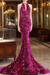Modest Mermaid Long Sleeveless Sequin Evening Prom Dresses