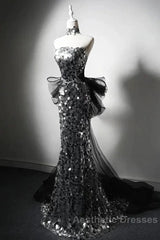 Modest Silver Mermaid Strapless Sequin Tulle  Long Evening Prom Dresses Formal Evening Dresses