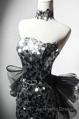Modest Silver Mermaid Strapless Sequin Tulle  Long Evening Prom Dresses Formal Evening Dresses