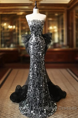Modest Silver Mermaid Strapless Sequin Tulle  Long Evening Prom Dresses Formal Evening Dresses