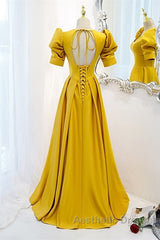 Mustard Yellow Satin Backless Dresses With Sleeves