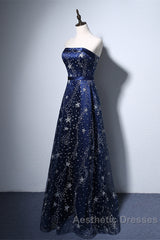 Navy Blue A-Line Tulle Long Evening Dresses, Navy Blue Evening Prom Dresses