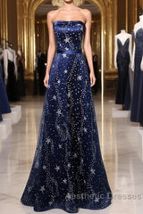 Navy Blue A-Line Tulle Long Evening Dresses, Navy Blue Evening Prom Dresses