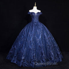 Navy Blue Ball Gown Long Formal Dresses, Off Shoulder Navy Blue Party Dresses