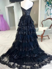 Navy Blue Lace Layered A Line  Evening Prom Dresses