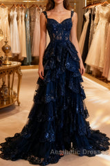 Navy Blue Lace Layered A Line  Evening Prom Dresses