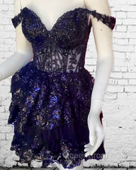 Navy Blue Lace Ruffle Homecoming Dresses