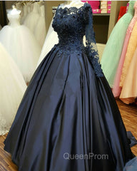 Navy Blue Long Sleeve Evening Prom Dresses Appliques Beaded Ball Gown