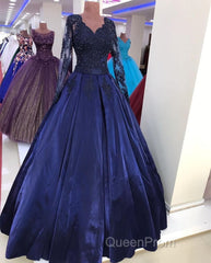 Navy Blue Satin Ball Gown Evening Prom Dresses Lace Long Sleeves