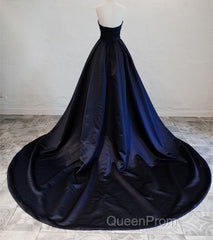 Navy Blue Satin Long Party Dresses, Elegant Dark Blue Formal Dresses Evening Dresses