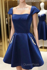 Navy Blue Satin Short A-Line Homecoming Dresses With Cap Sleeves And Beaded Pockets