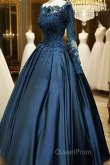Navy Blue Satin With Lace Top Long Sleeves Sweet 16 Gown, Blue Formal Dresses