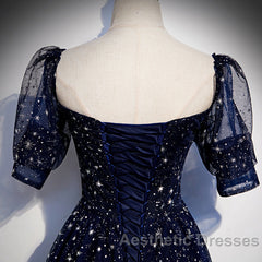 Navy Blue Short Sleeves Sweetheart Long Party Dresses, A-Line Blue Evening Gown